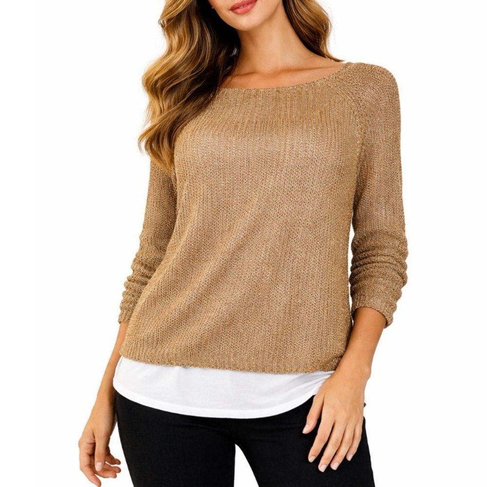 Chicos Sweater Metallic Copper/gold Cotton Blend Crewneck chain link SZ 2 US LG